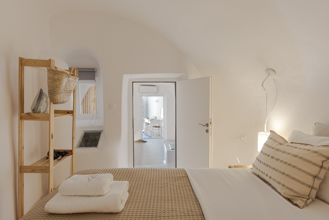 Private upper terrace at Just Blue House near Oia blue dome