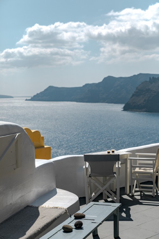 Private upper terrace at Just Blue House near Oia blue dome