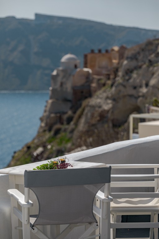 Caldera and sea view from dome terrace in Oia