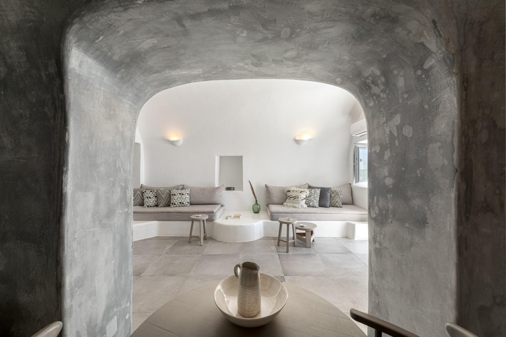 Interior of Yposkafo Jacuzzi House — Cycladic living space in Santorini